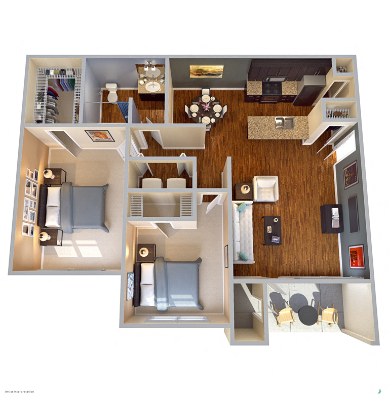 Floor plan for 2 beds, 1 bath, 1008 sqft
